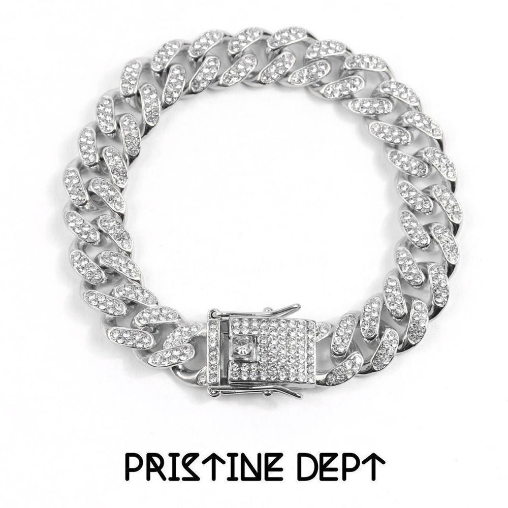 Cuban Link Bracelet Iced Out Silver - Picture 1 of 4